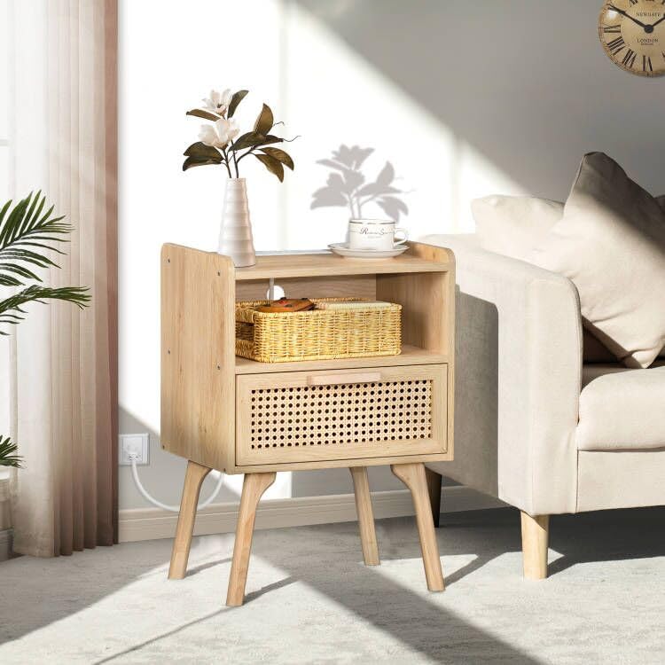 lerliuo rattan nightstand with charging station, boho night shown in use