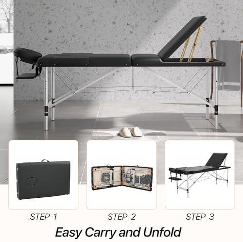 HENGJIANYI Massage Table,Portable 3Section Foldable Aluminum Lash Bed,Black