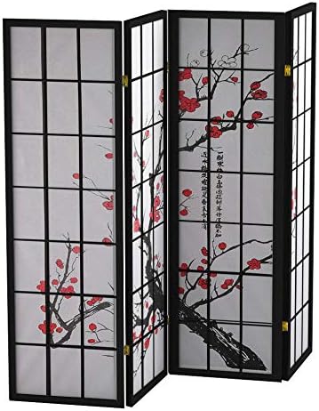 roundhill furniture black japanese 4-panel screen room divider, side view