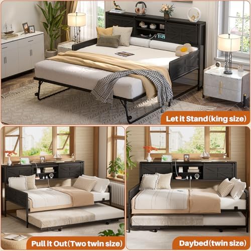 homieasy farmhouse twin daybed with pop-up trundle, black, front angle view