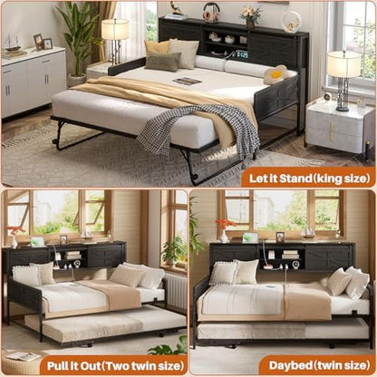 homieasy farmhouse twin daybed with pop-up trundle, black, front angle view