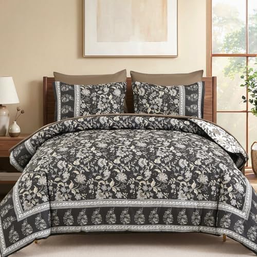 Boho Comforter Set Queen,Reversible Brown Gray Bedding Paisley 7 Piece