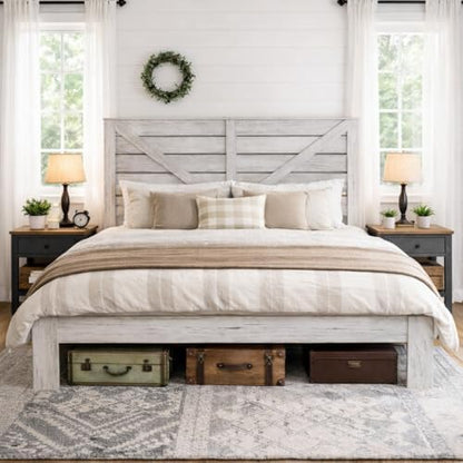 queen farmhouse bed frame with headboard, led lights on a desk or shelf