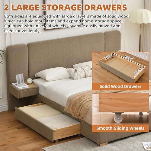 queen size platform bed frame with drawers & showing dimensions