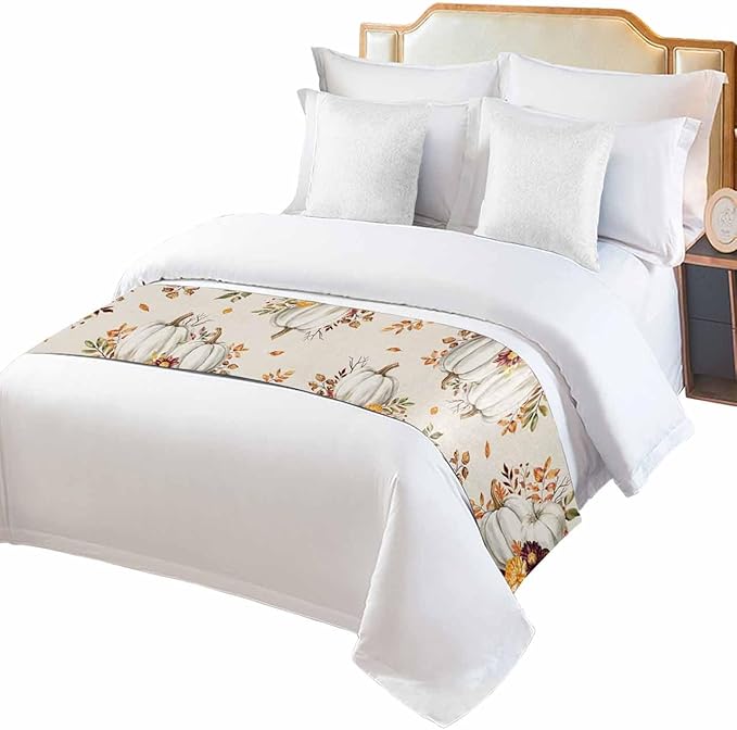 Thanksgiving Pumpkin Fall Maple Leaf Watercolor Bed Runners - Image 2