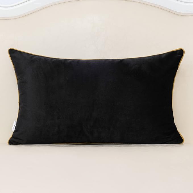 Alerfa 12 x 20 Inch Black Beige Gold Leather Patchwork Velvet & Polyester - Image 2