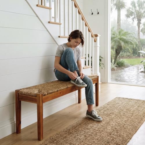vintage entryway bench, 46 inch acacia wood with, view 11