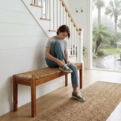 vintage entryway bench, 46 inch acacia wood with, view 11