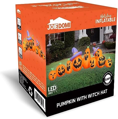 Joiedomi 12.5 FT Halloween Inflatable Pumpkin Outdoor Decorations, Blow Up Yard Decorations with Witch Hat, 9 Pcs Blow Up Pumpkin Inflatable with Built-in LEDs for Halloween Decor
