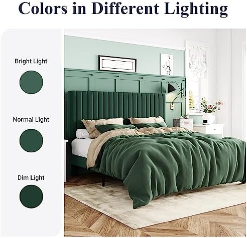 allewie king bed frame, velvet upholstered platform bed, front angle view