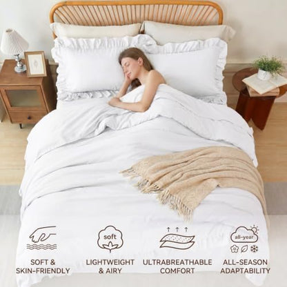 zrnbast white ruffle bedding set twin, 5-piece bed, close-up detail