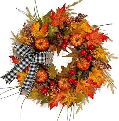 24" Fall Maple Leaf Wreath for Front Door with Buffalo Check Bow - Rustic Autumn Harvest Wreath with Orange Pumpkins, Pinecones and Berries - Farmhouse Thanksgiving Halloween Outdoor Decor