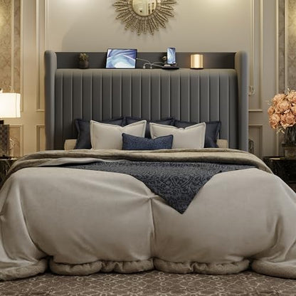 sha cerlin queen size velvet bed frame with, front angle view