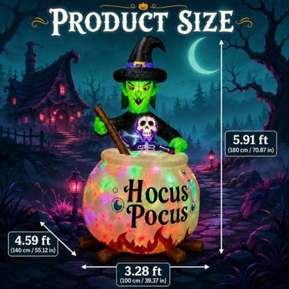 6 FT Halloween Inflatable Witch and Cauldron with RGB Lighted Halloween Blow Ups Outdoor Decorations for Yard, Lawn, Garden, Porch and Party