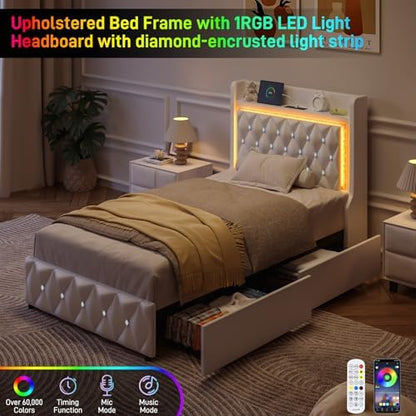 twin bed frame with led lights & charging, side view