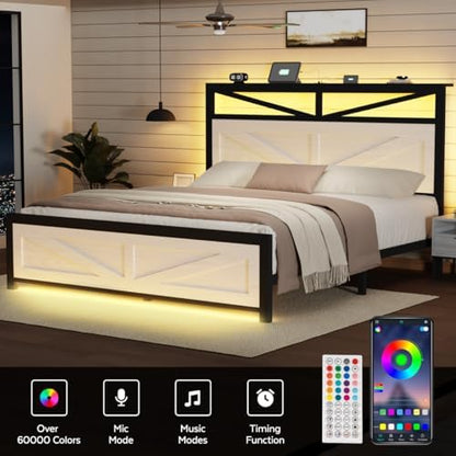 rustic king bed frame with barn door headboard showing dimensions