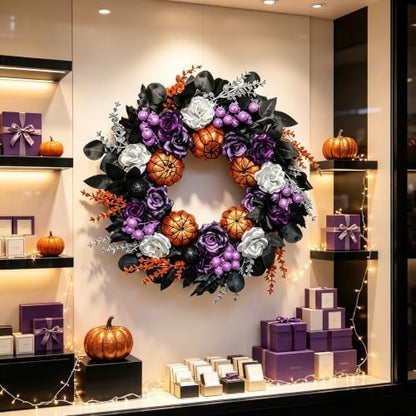 24 Inch Pumpkins Purple Black Halloween Wreaths for Front Door