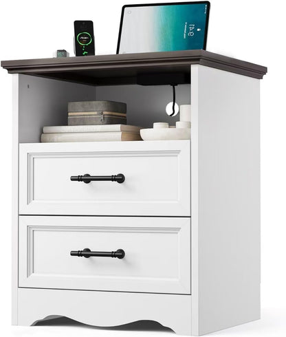 yansnwo white nightstand with charging station, 19.7" 2-drawer, main product view