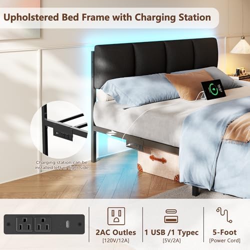 furnulem queen bed frame with upholstered headboard and showing dimensions