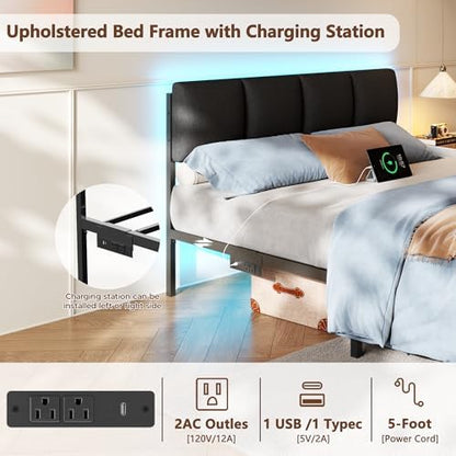 furnulem queen bed frame with upholstered headboard and showing dimensions