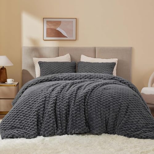 bedelite fluffy queen comforter set, dark grey fleece on a desk or shelf