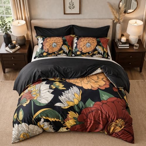 tyrot black boho floral king comforter set, close-up detail