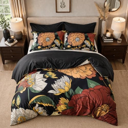 tyrot black boho floral king comforter set, close-up detail