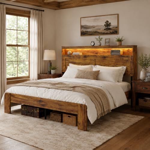 wooden bed frame king size with storage headboard, view 9