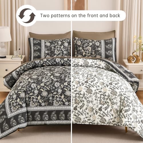 Boho Comforter Set Queen,Reversible Brown Gray Bedding Paisley 7 Piece