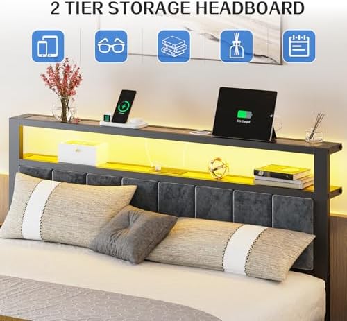 liians queen size bed frame with 2-tier storage, close-up detail