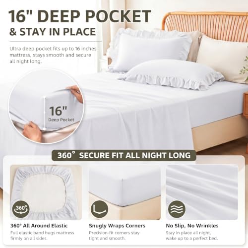 zrnbast white ruffle bedding set twin, 5-piece bed showing dimensions