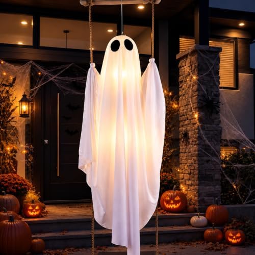 Halloween Decorations Outdoor Indoor, 5 FT Large Pre-Assembled Swinging Ghost, Halloween Hanging Spooky Swing Ghost Decor for Outside Porch Yard Tree Garden Lawn
