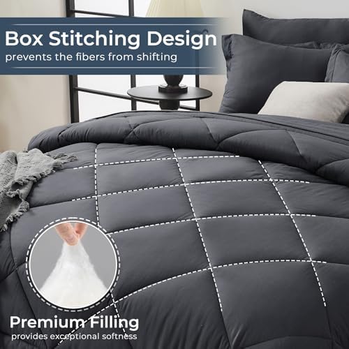 HEVUMYI 7-Piece California King Comforter Set, Dark Grey Bed in a Bag