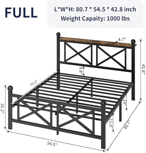 dynjest full size black heavy duty bed frame shown in use