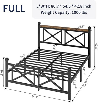 dynjest full size black heavy duty bed frame shown in use