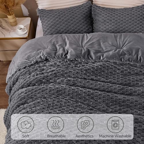 bedelite fluffy queen comforter set, dark grey fleece, close-up detail