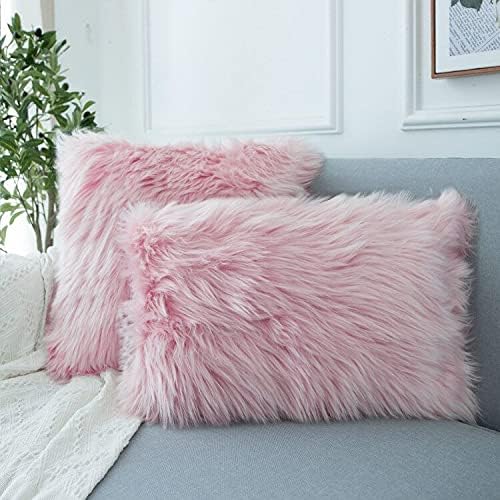 LIGICKY Set of 2 Decorative Pink Lumbar Fluffy Throw Pillow Cover Faux Fur - Image 2