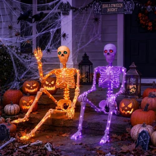 2Pack36 Halloween Skeleton Decoration with Orange&Purple Light