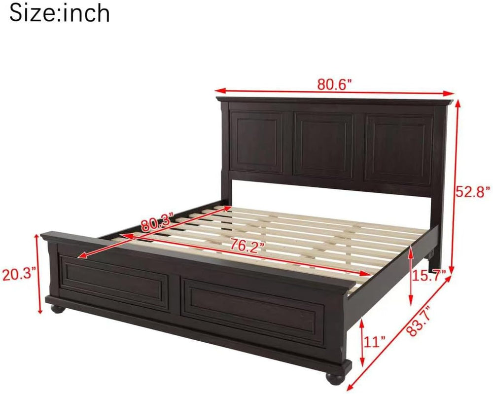 RuiSiSi King Size Solid Wood Bed with Tall Headboard & Footboard, Mid Cen...