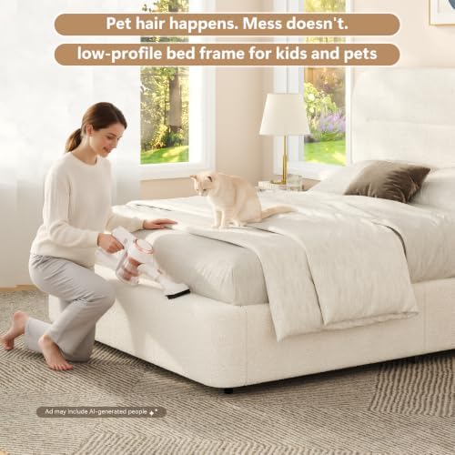 hombck queen bed frame,white boucle upholstered platform bed on a desk or shelf