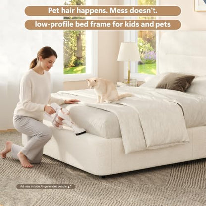 hombck queen bed frame,white boucle upholstered platform bed on a desk or shelf