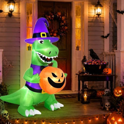 4 Ft Halloween Inflatables Witch Dinosaur Holding Pumpkin Built-in LEDs