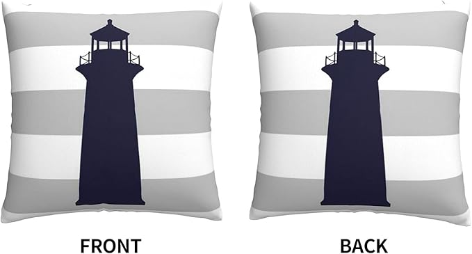 Myshe Square Nautical Navy Blue Lighthouse On Silver Gray Stripes Throw Pillow - Image 3