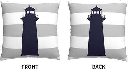 Myshe Square Nautical Navy Blue Lighthouse On Silver Gray Stripes Throw Pillow - Image 3