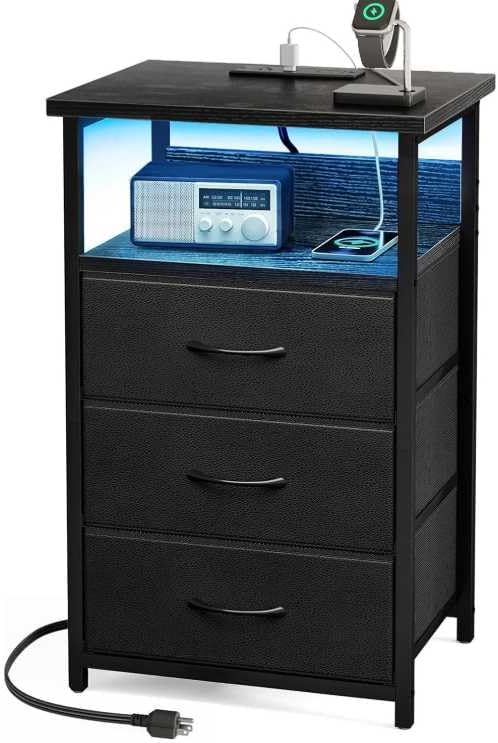 SONGMICS Nightstand with Charging Station, 3 Fabric Drawers