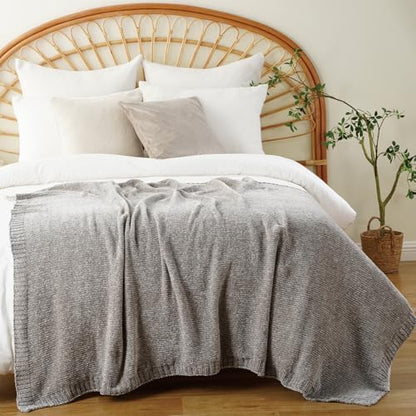 chenille throw blanket for couch sofa, light grey, front angle view