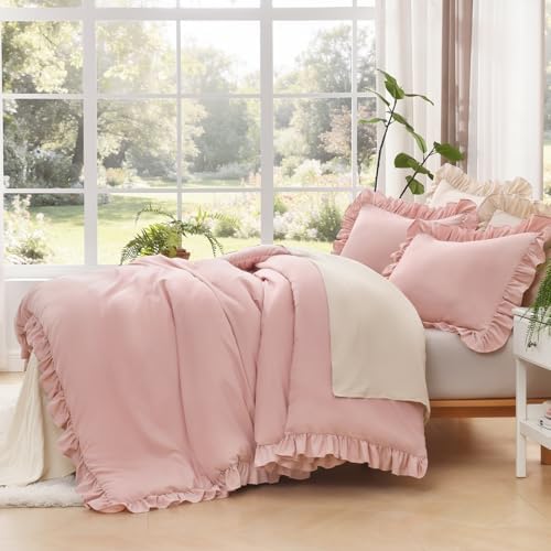 litanika queen comforter set, 3 pieces blush ruffle, side view