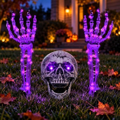 Halloween Skeleton Decorations Outdoor, Light Up Skull Head & Skeleton Hands Lights Stake with Purple LED, Battery Operated Halloween Yard Decor for Lawn, Garden, Graveyard, Haunted House & Party