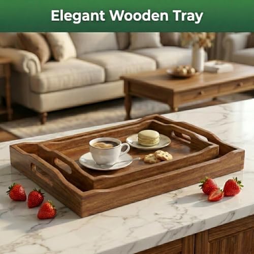 acacia wood serving tray set of 2 with on a desk or shelf