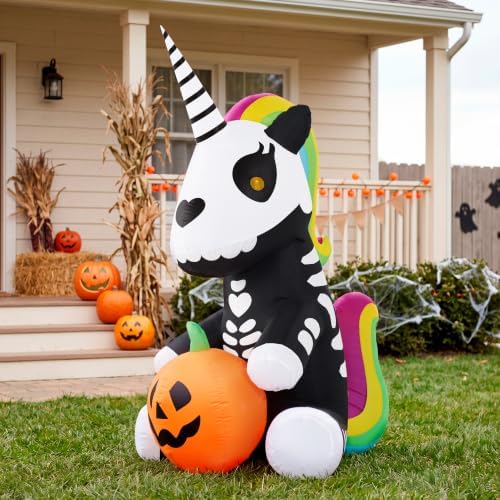 Joiedomi 5 FT Halloween Inflatable Sitting Skeleton Unicorn with LED Lights, Blow Up Outdoor Decoration for Yard, Garden, Lawn, Haunted House Halloween Party Outside Decor